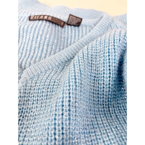 VTG Gitano Knits Medium Blue V-Neck Fitted Acrylic Sweater Sparkle Soft EUC - Picture 7 of 8
